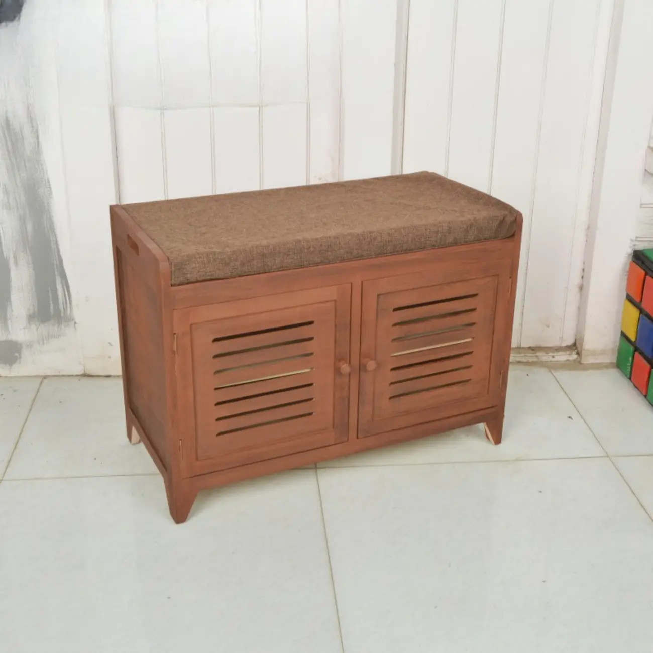 White-Gray Solid Wood Hallway Shoe Bench with Cushion Image - 22 | homeyfad