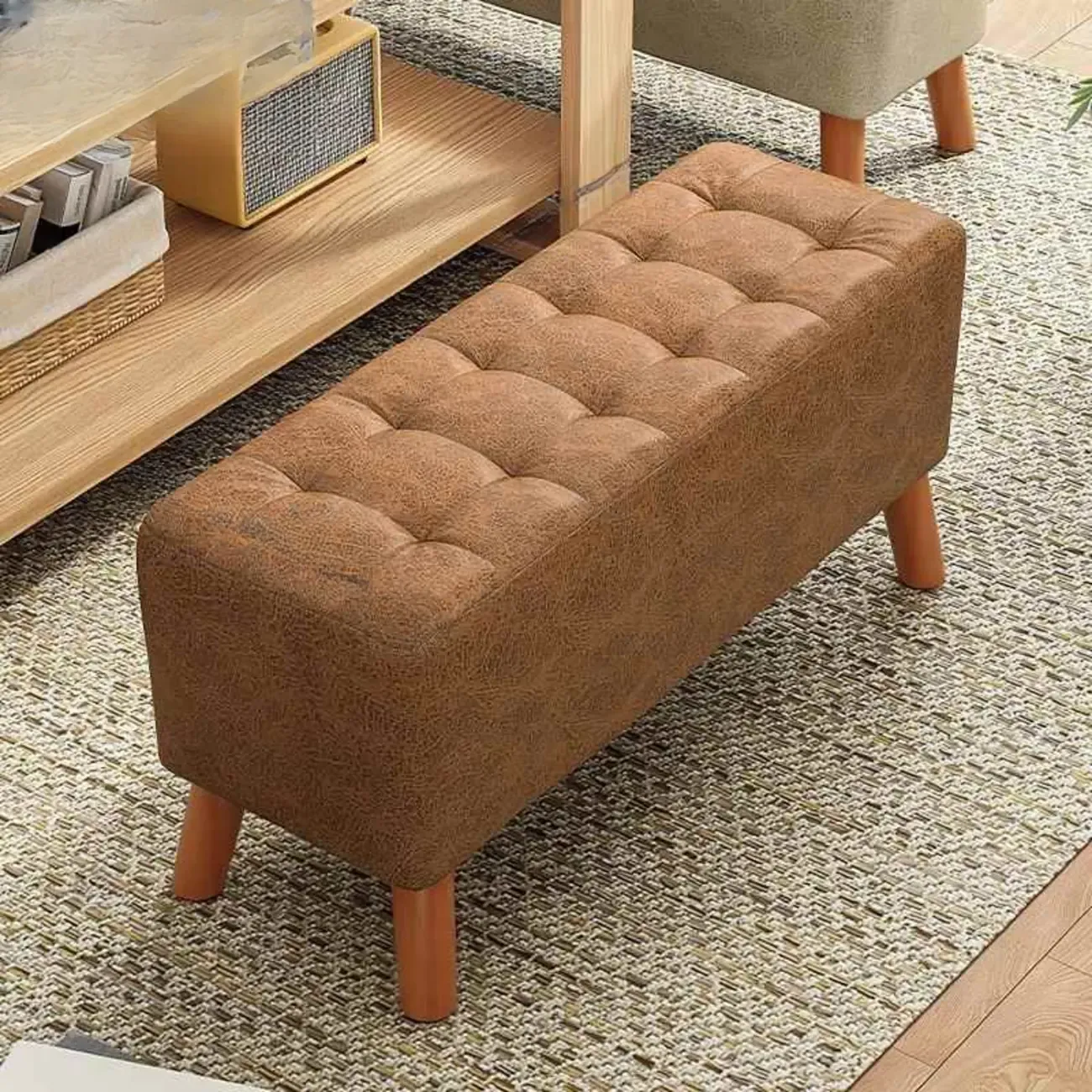 Modern Upholstered Brown Rectangular Bench for Living Room Image - 1