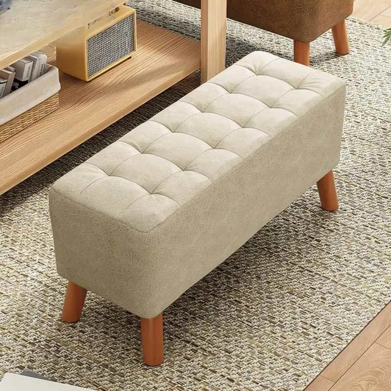 Modern Upholstered Brown Rectangular Bench for Living Room Image - 2