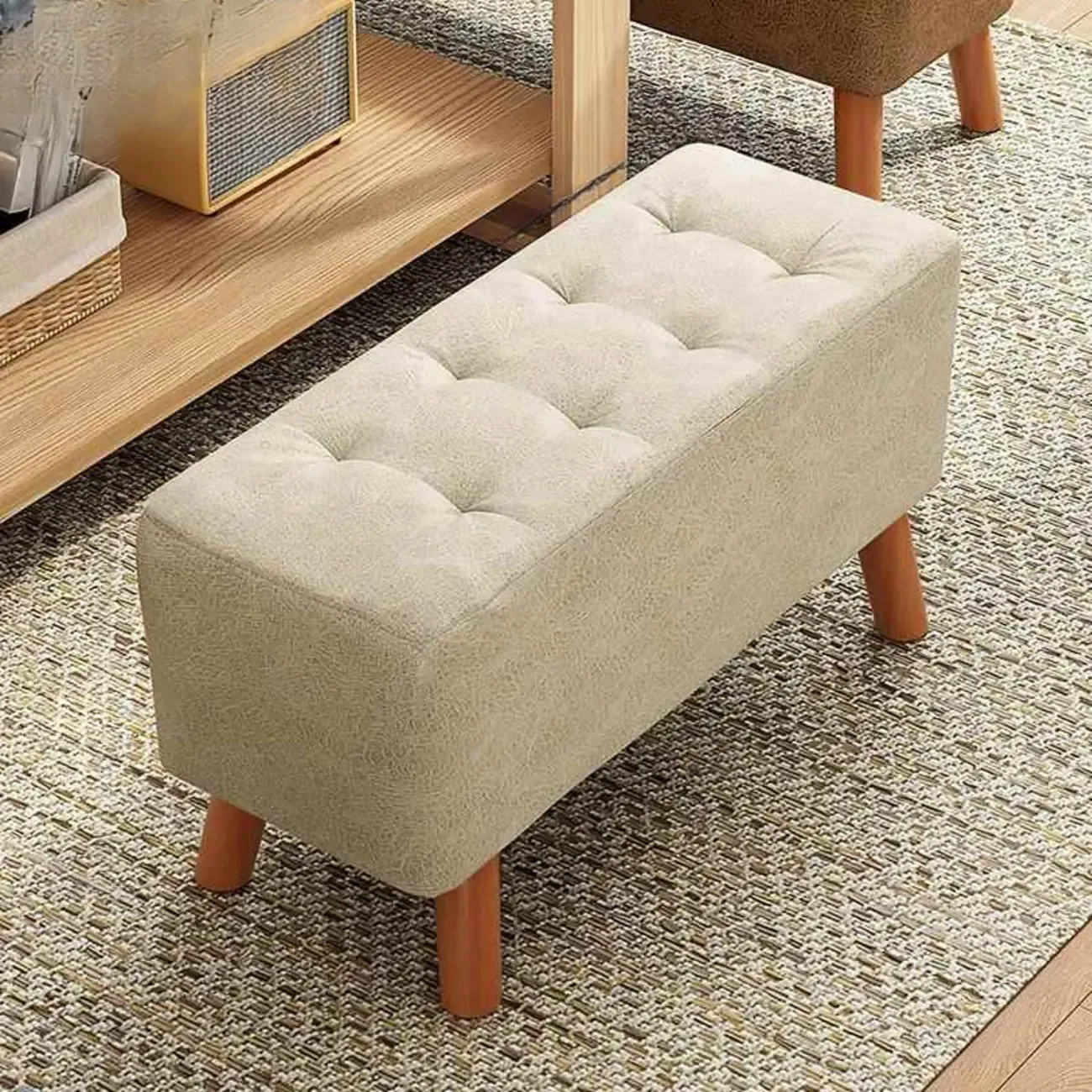 Modern Upholstered Brown Rectangular Bench for Living Room Image - 5