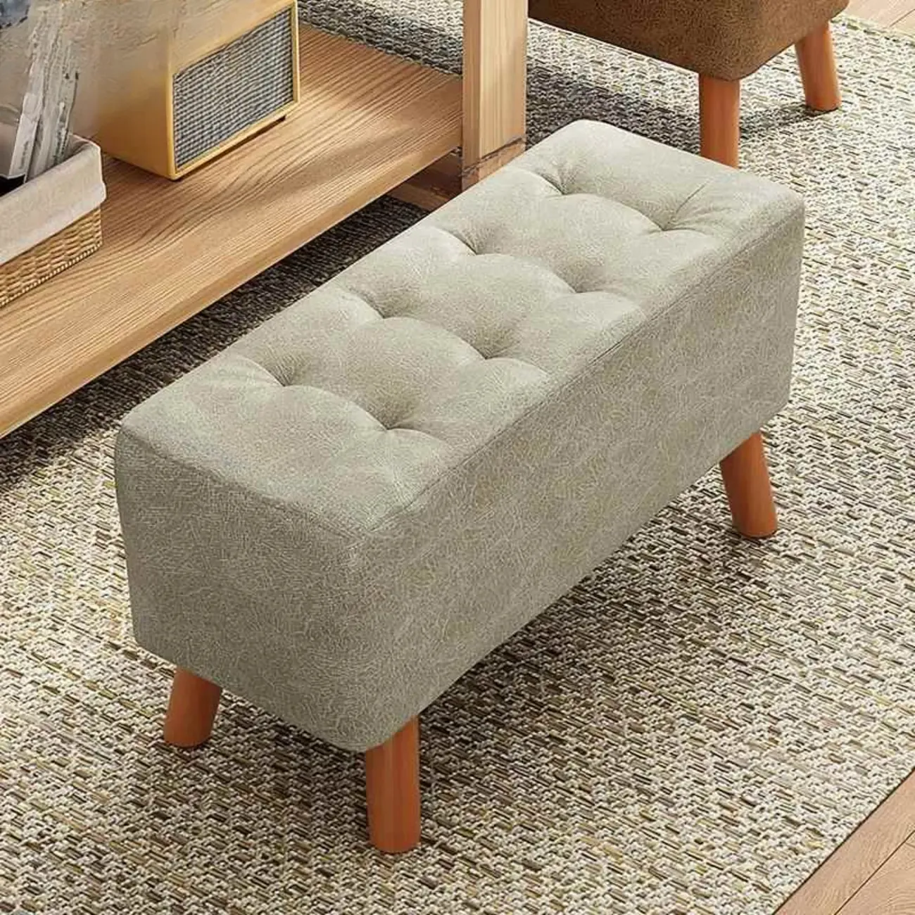Modern Upholstered Brown Rectangular Bench for Living Room Image - 8