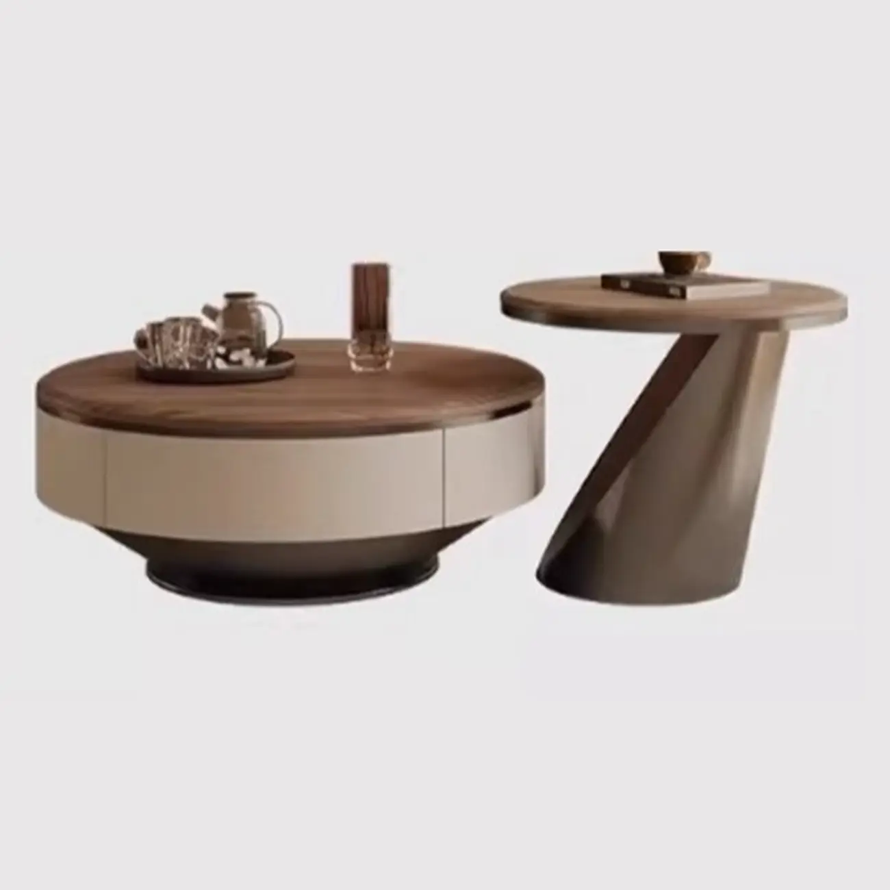 Brown 2 Drawers Elegant Round Wood Coffee Table Image - 8 | homeyfad