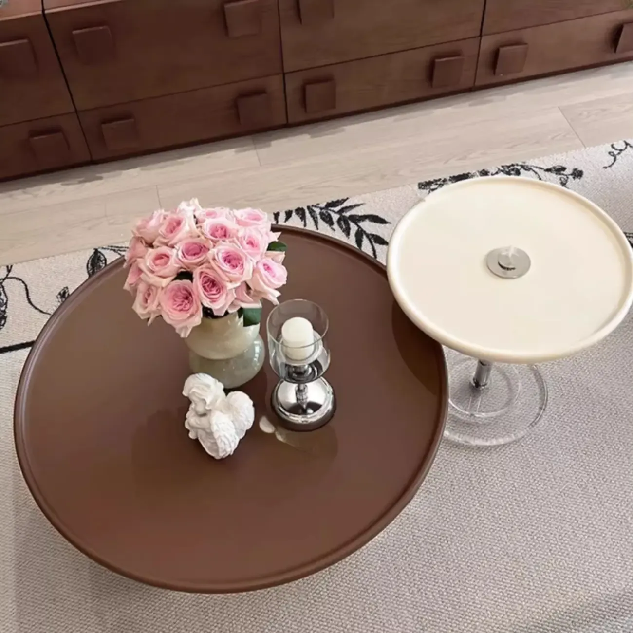 Nut-Brown Beige Stylish Round Wood Drawer Coffee Table Image - 2