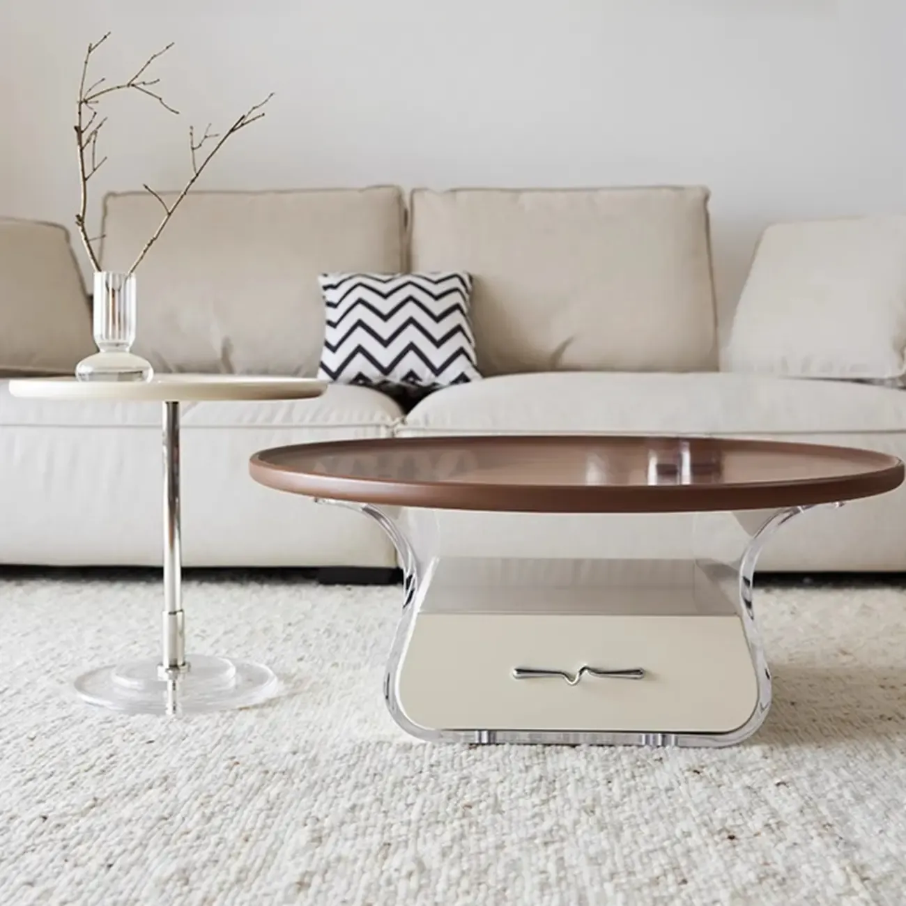 Nut-Brown Beige Stylish Round Wood Drawer Coffee Table Image - 3
