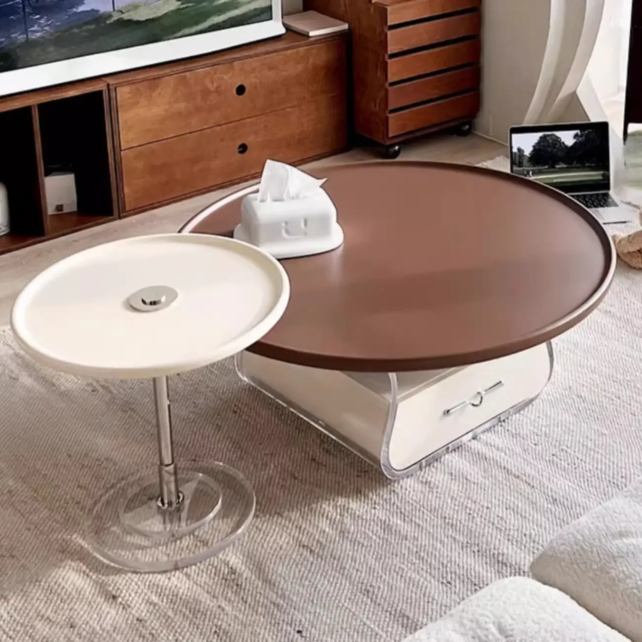 Nut-Brown Beige Stylish Round Wood Drawer Coffee Table Image - 4