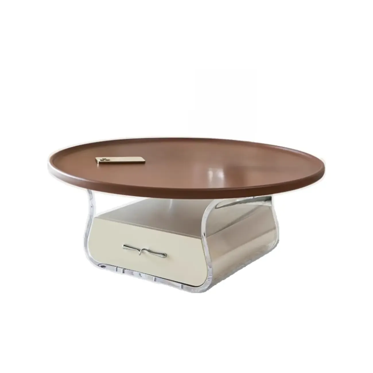 Nut-Brown Beige Stylish Round Wood Drawer Coffee Table Image - 6