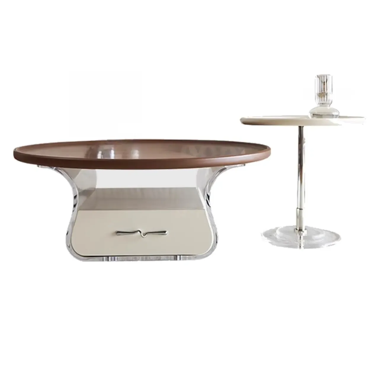 Nut-Brown Beige Stylish Round Wood Drawer Coffee Table | HomeyFad