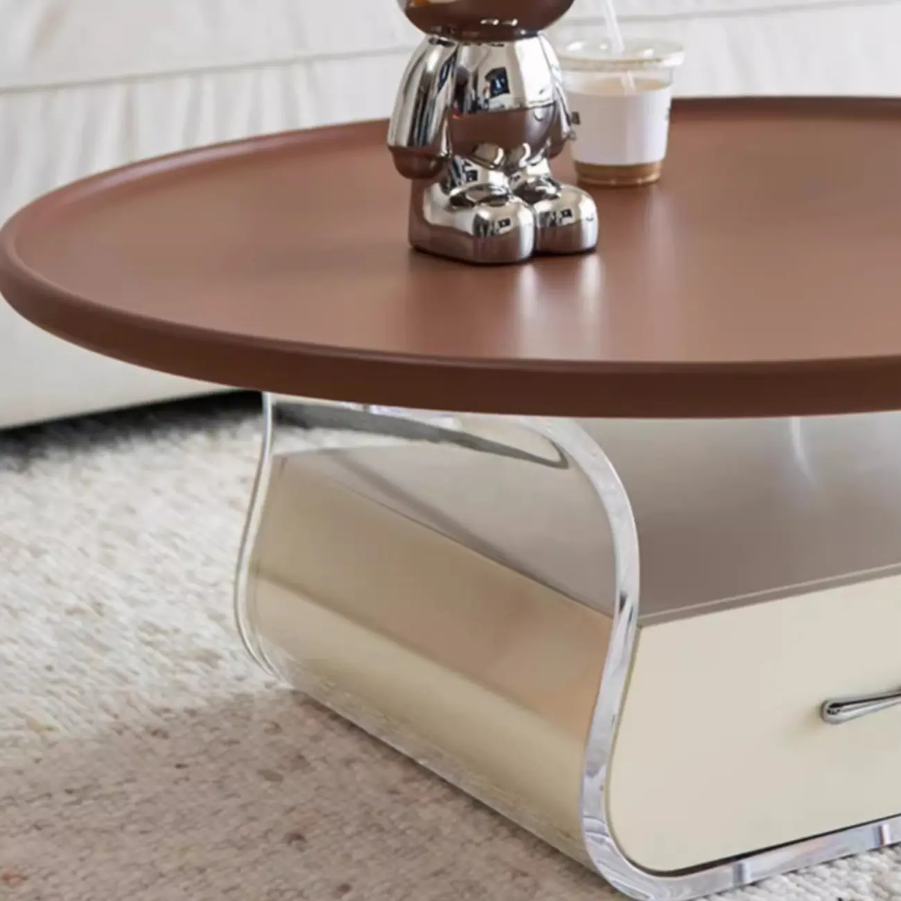 Nut-Brown Beige Stylish Round Wood Drawer Coffee Table Image - 8 | homeyfad