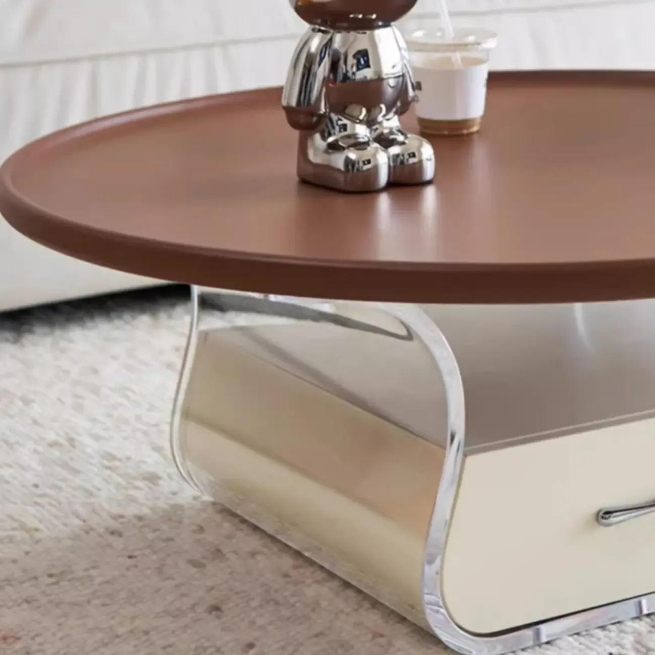 Nut-Brown Beige Stylish Round Wood Drawer Coffee Table Image - 8