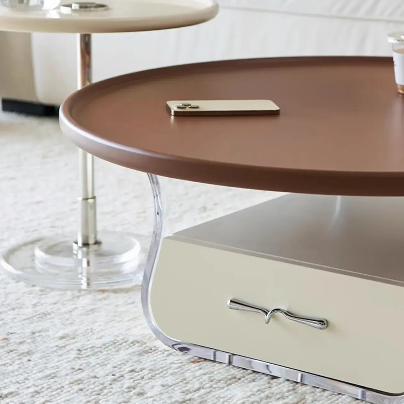 Nut-Brown Beige Stylish Round Wood Drawer Coffee Table Image - 9