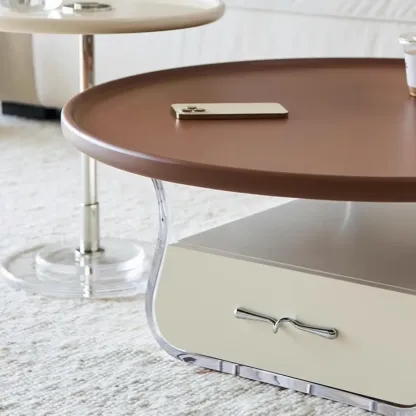 Nut-Brown Beige Stylish Round Wood Drawer Coffee Table Image - 9