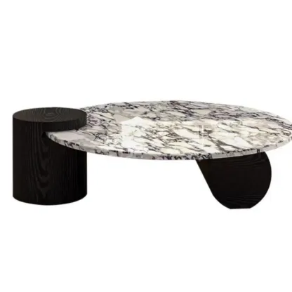 Elegant White Marble Round Wood Coffee Table Image - 6