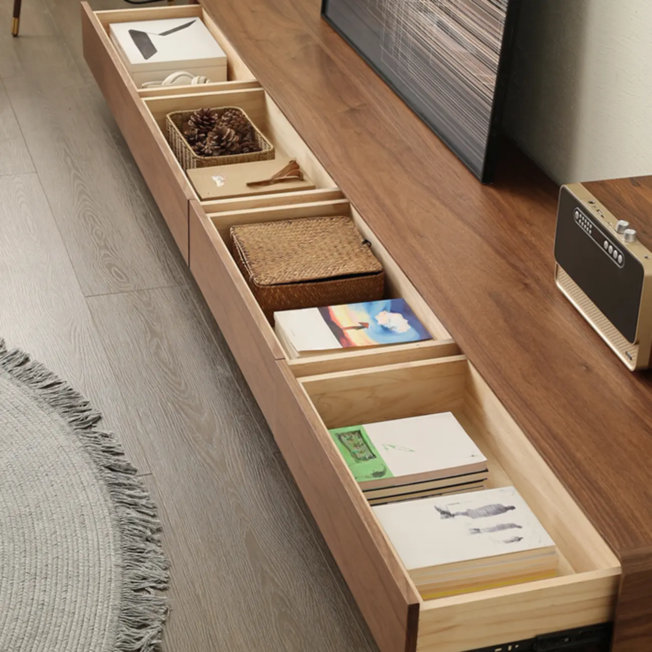 Vintage Wooden TV Stand with Drawers & Cable Management Image - 9 | homeyfad