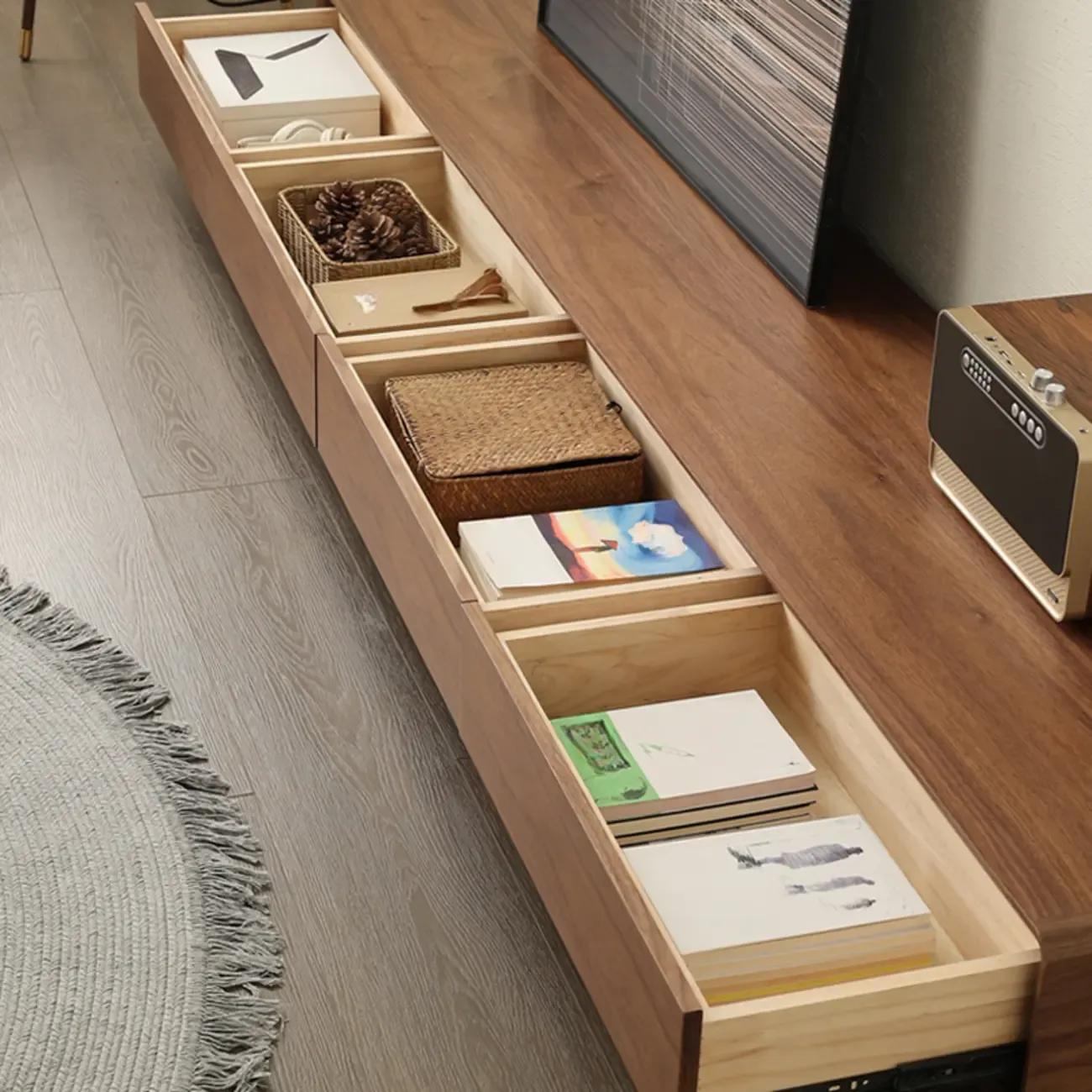 Vintage Wooden TV Stand with Drawers & Cable Management Image - 9