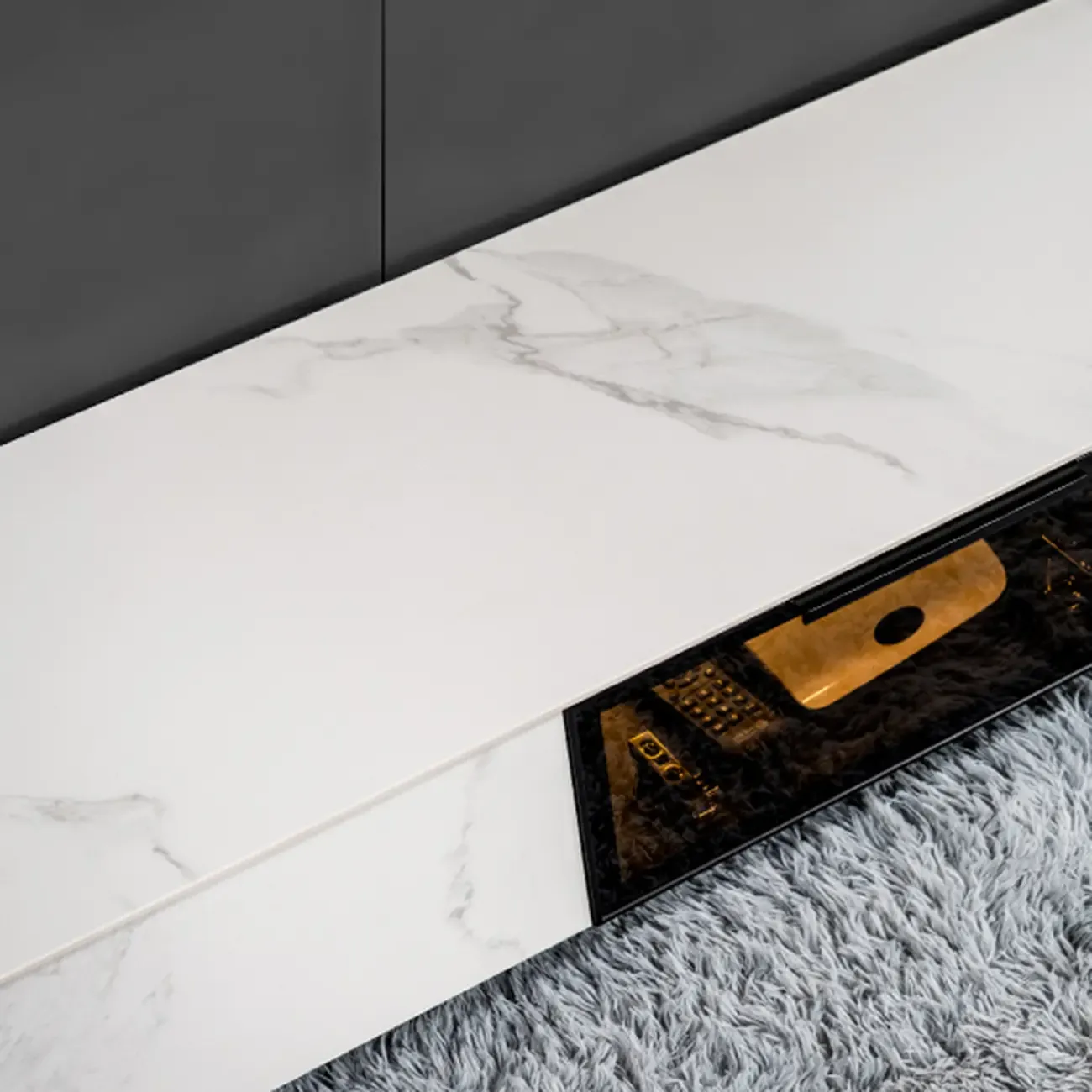 Classic Stone TV Stand with Lighting and Drawers for Living Room Image - 9