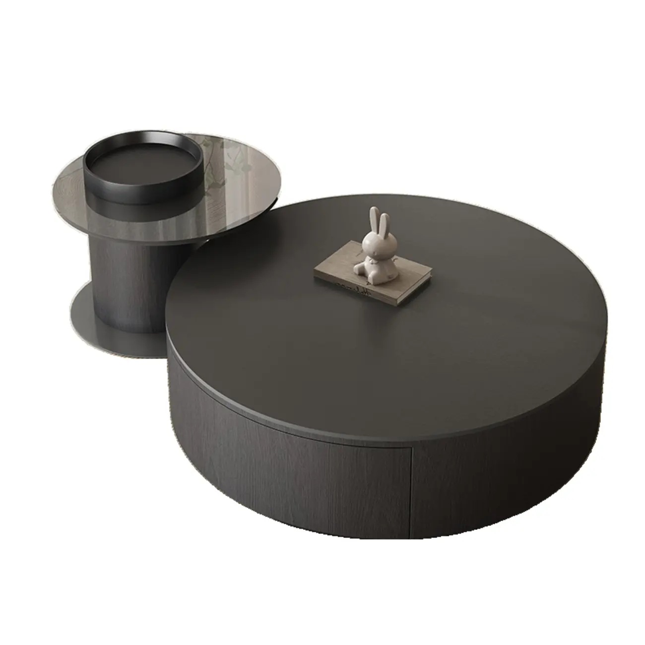 Black Modern Sleek Nesting Round Wood Drawer Coffee Table Image - 5 | homeyfad
