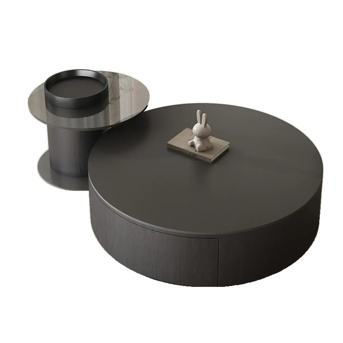 Black Modern Sleek Nesting Round Wood Drawer Coffee Table Image - 5