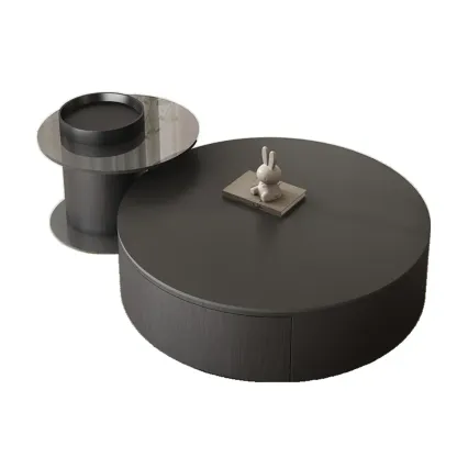 Black Modern Sleek Nesting Round Wood Drawer Coffee Table Image - 5
