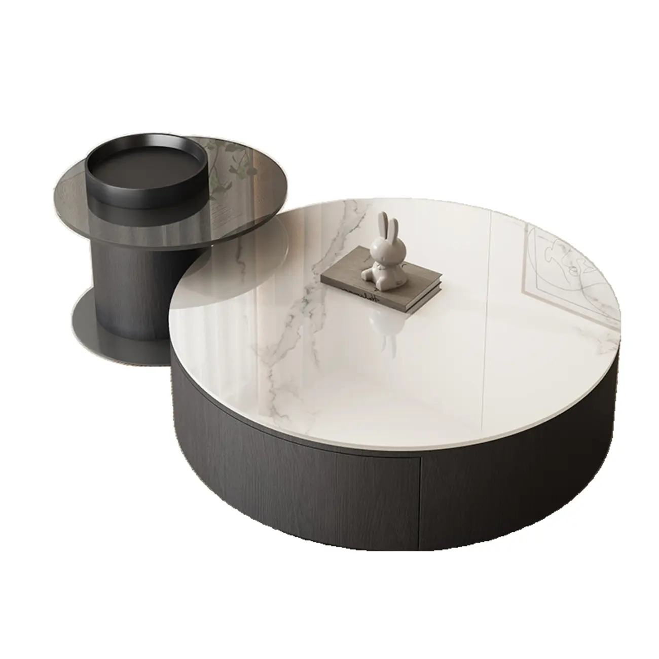 Black Modern Sleek Nesting Round Wood Drawer Coffee Table Image - 6 | homeyfad