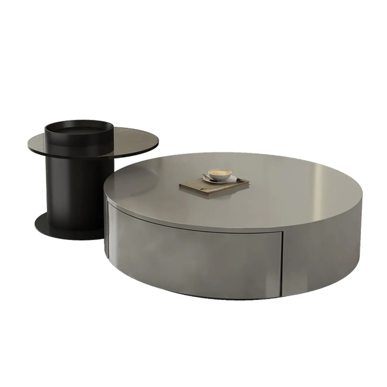 Black Modern Sleek Nesting Round Wood Drawer Coffee Table Image - 7 | homeyfad