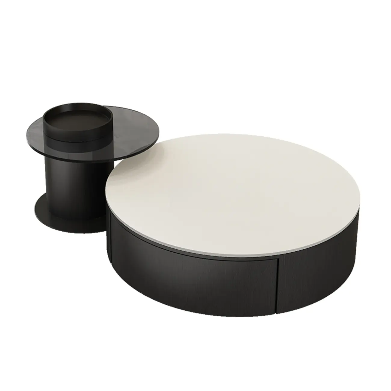 Black Modern Sleek Nesting Round Wood Drawer Coffee Table Image - 8 | homeyfad
