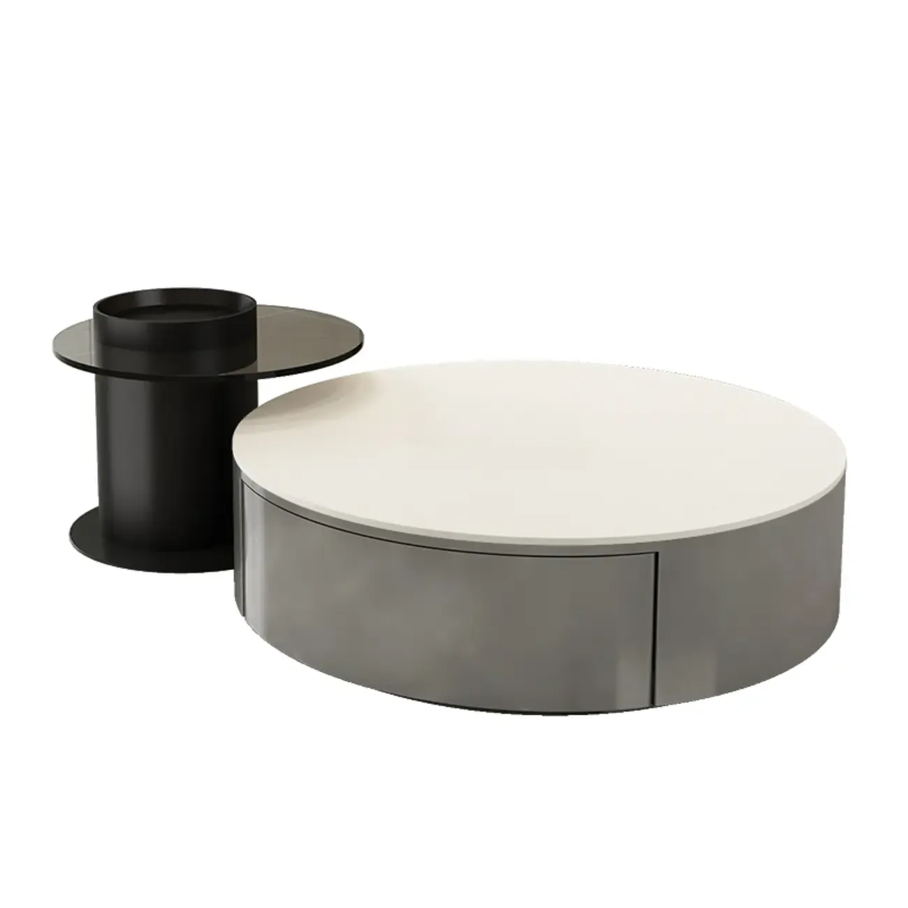 Black Modern Sleek Nesting Round Wood Drawer Coffee Table Image - 9