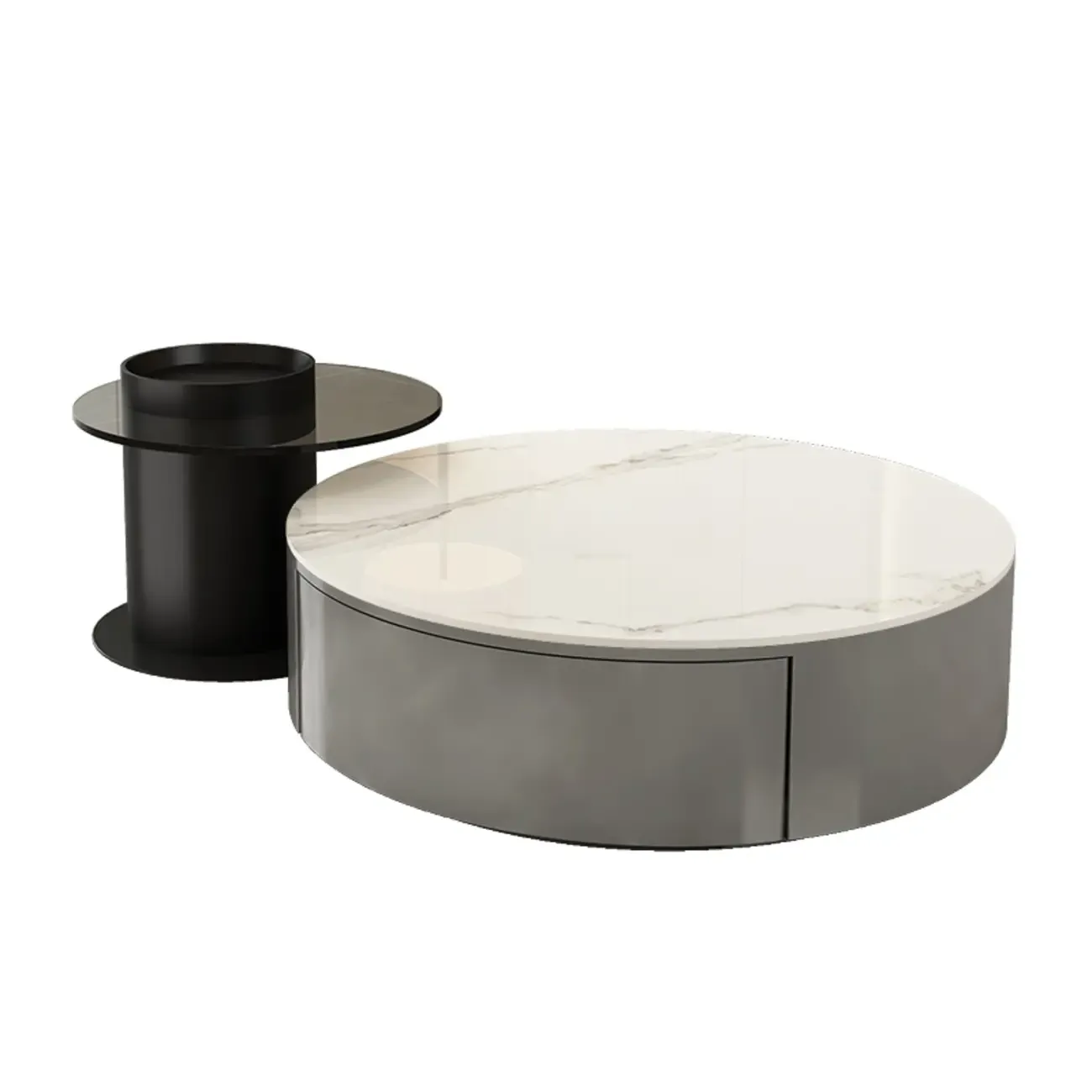Black Modern Sleek Nesting Round Wood Drawer Coffee Table Image - 10