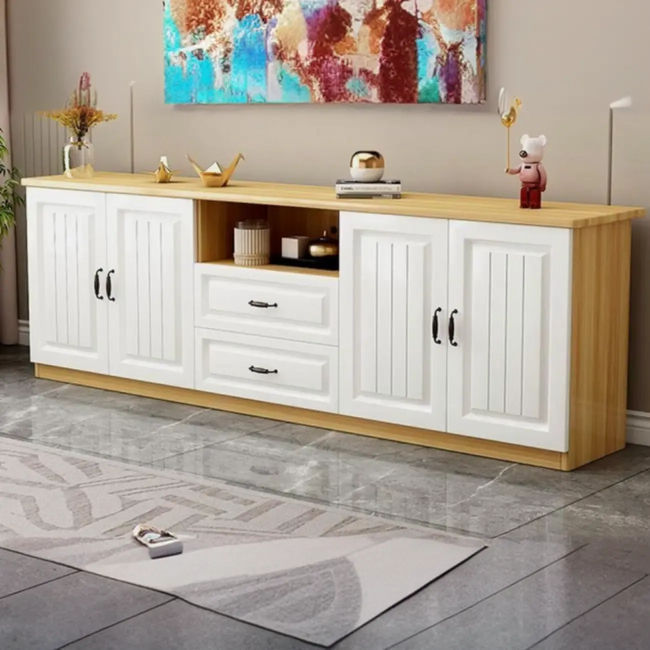 Modern Wooden TV Stand with Shelves and Drawers for Home Image - 2