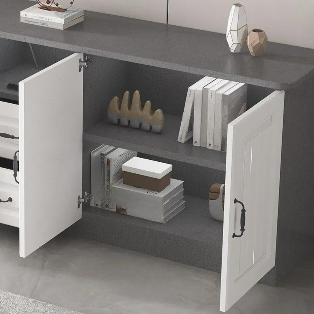 Modern Wooden TV Stand with Shelves and Drawers for Home Image - 13