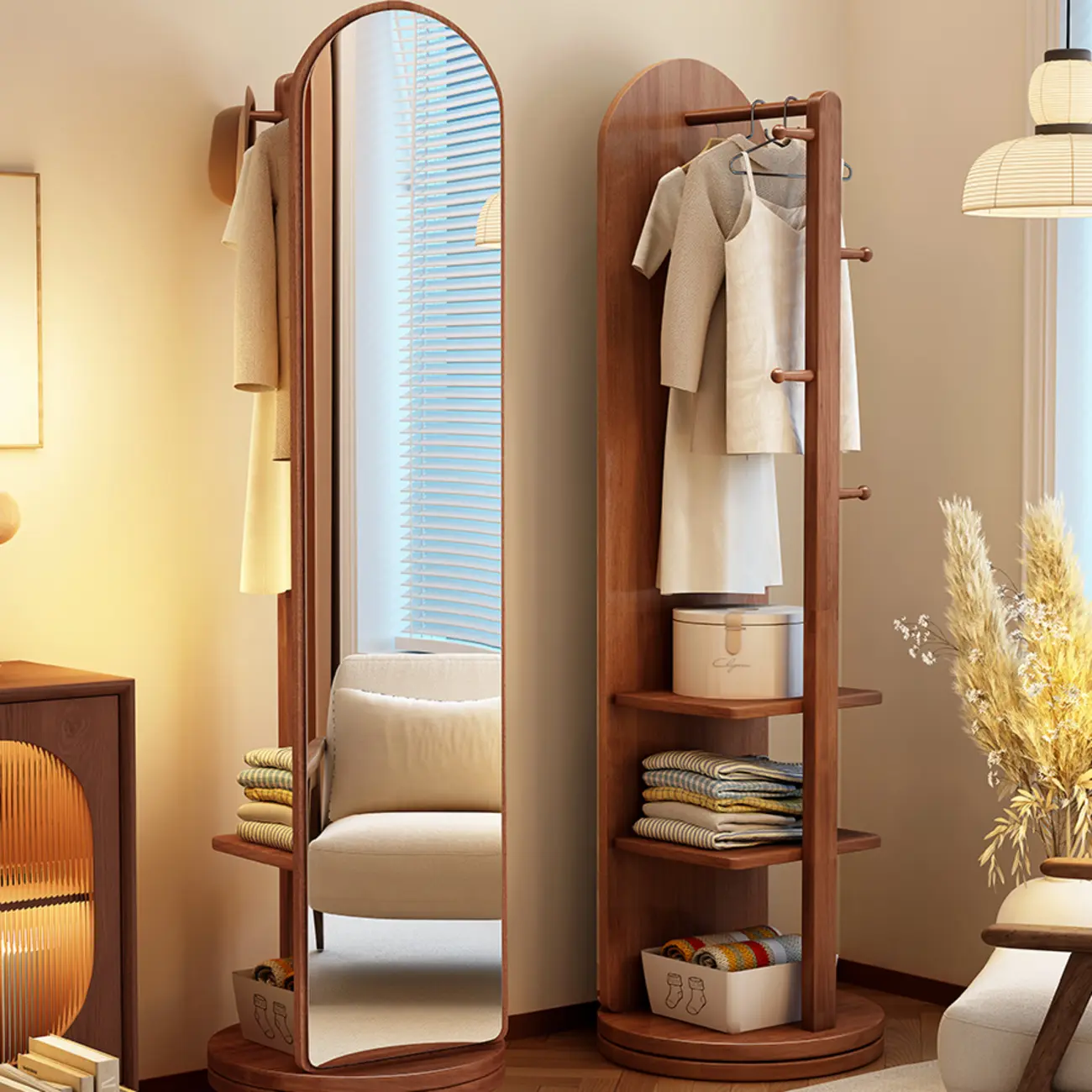 Scandinavian Wood Storage Hall Tree with Mirror Image - 1 | homeyfad