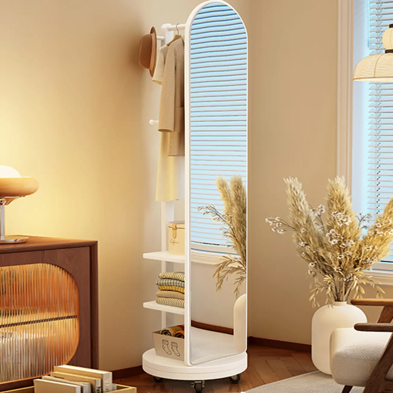 Scandinavian Wood Storage Hall Tree with Mirror Image - 5 | homeyfad