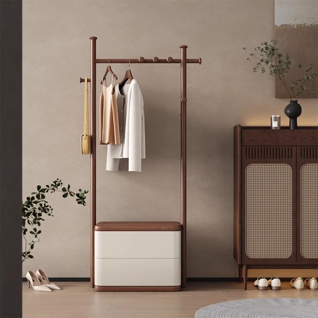 Modern Ash Wood Hall Tree with Hooks and Storage Bench Image - 2 | homeyfad