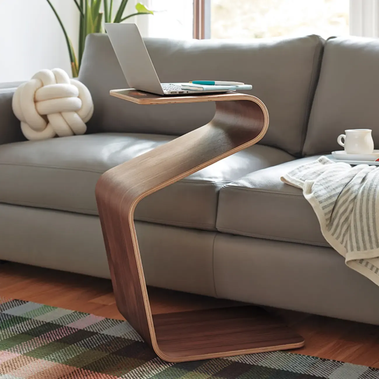 Convertible Wooden Nut-Brown C-Shaped Sofa Side Table Image - 1