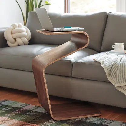 Convertible Wooden Nut-Brown C-Shaped Sofa Side Table Image - 1