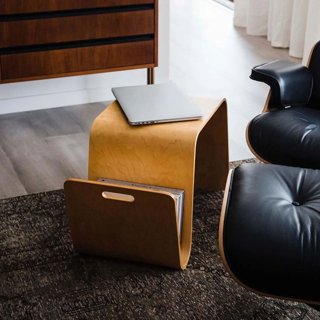 Convertible Wooden Nut-Brown C-Shaped Sofa Side Table Image - 2 | homeyfad