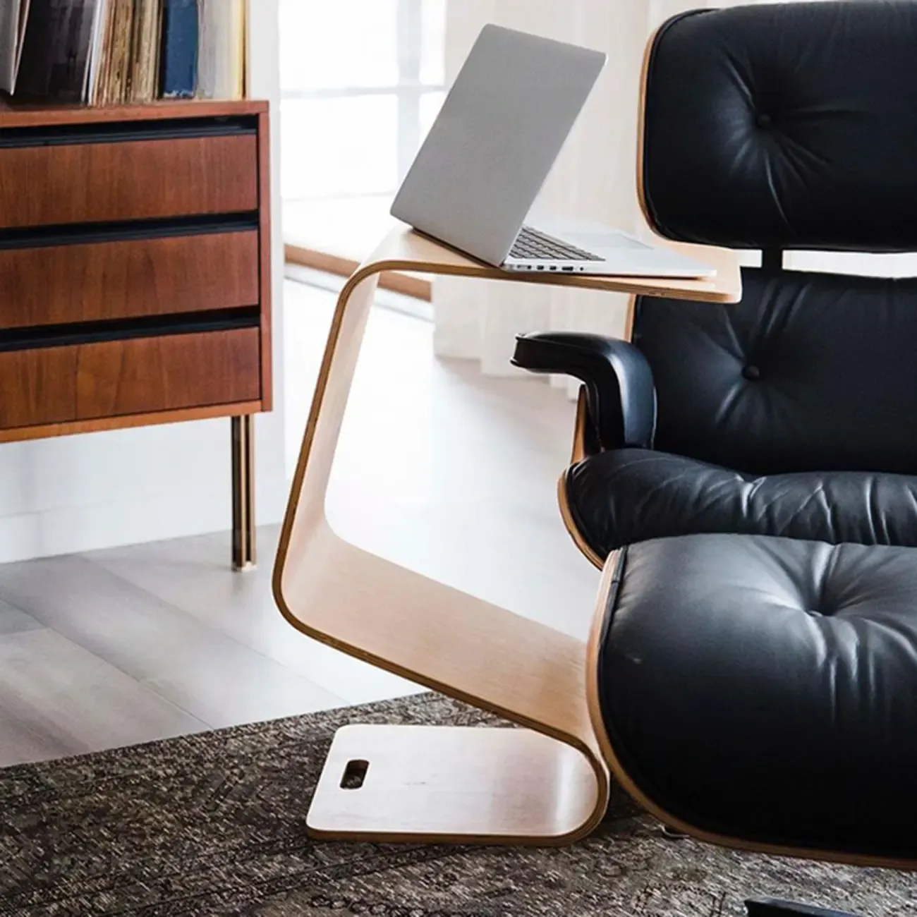 Convertible Wooden Nut-Brown C-Shaped Sofa Side Table Image - 6