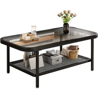 2-Tier Modern Cream Rectangle Glass Coffee Table Image - 8