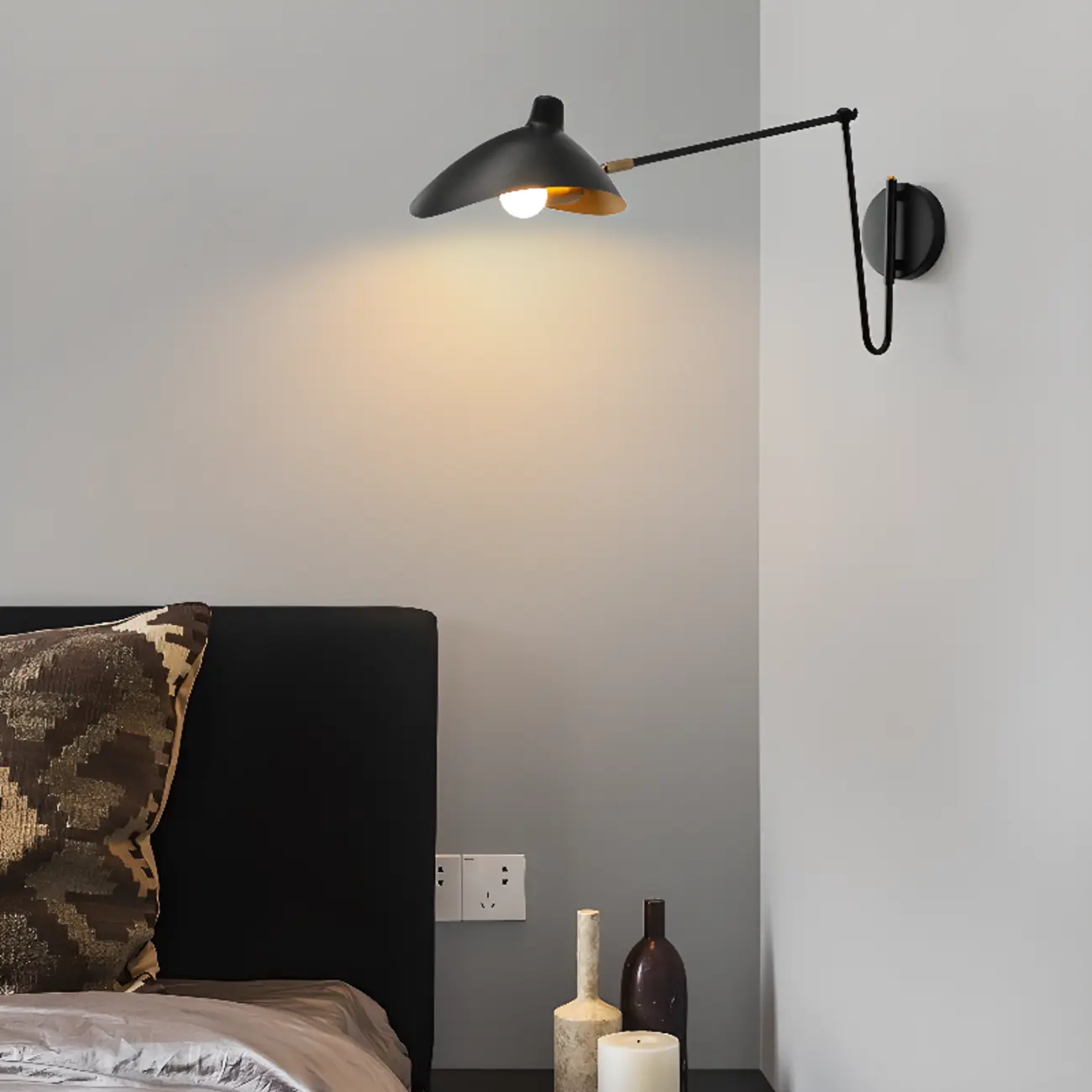 Metal Black and Gold Curved Shade Swing Arm Wall Light Image - 2 | homeyfad