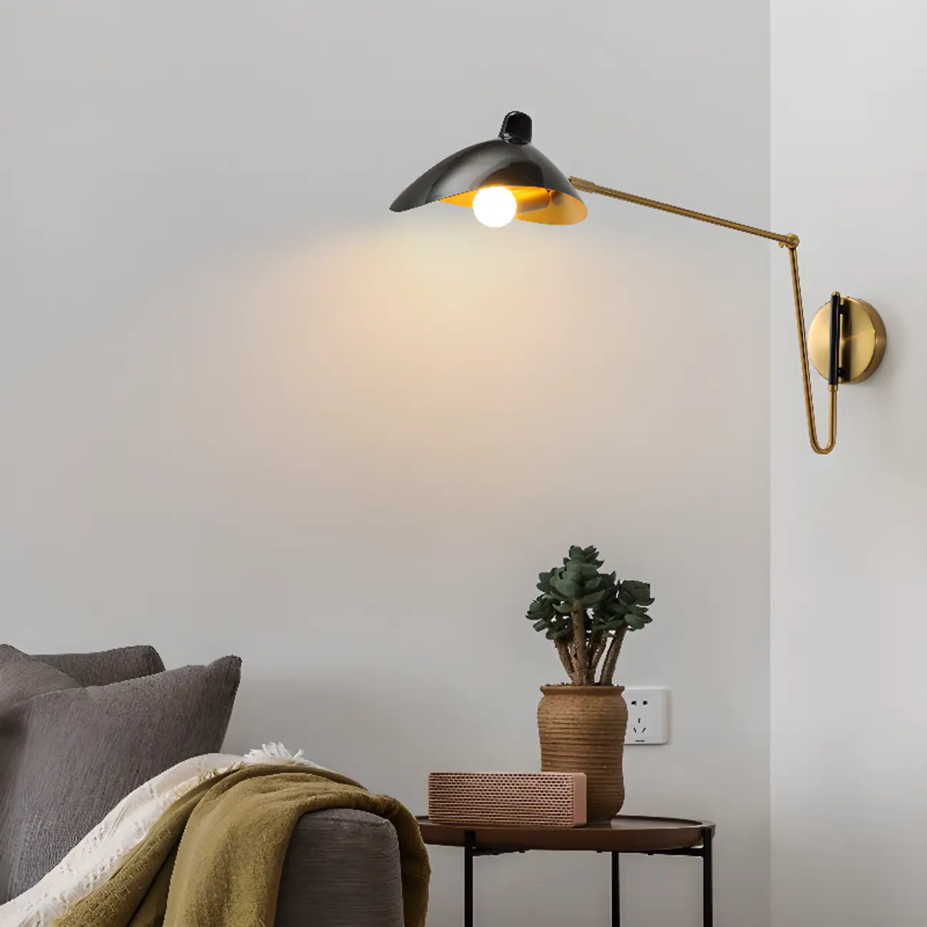 Metal Black and Gold Curved Shade Swing Arm Wall Light Image - 3 | homeyfad