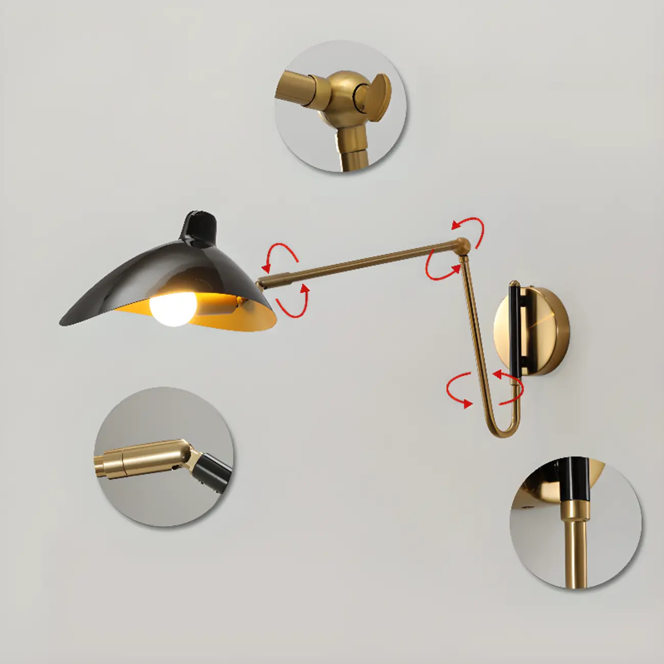 Metal Black and Gold Curved Shade Swing Arm Wall Light Image - 18 | homeyfad