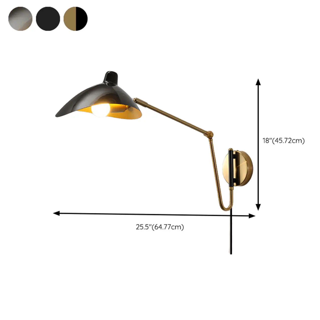 Metal Black and Gold Curved Shade Swing Arm Wall Light #size | homeyfad