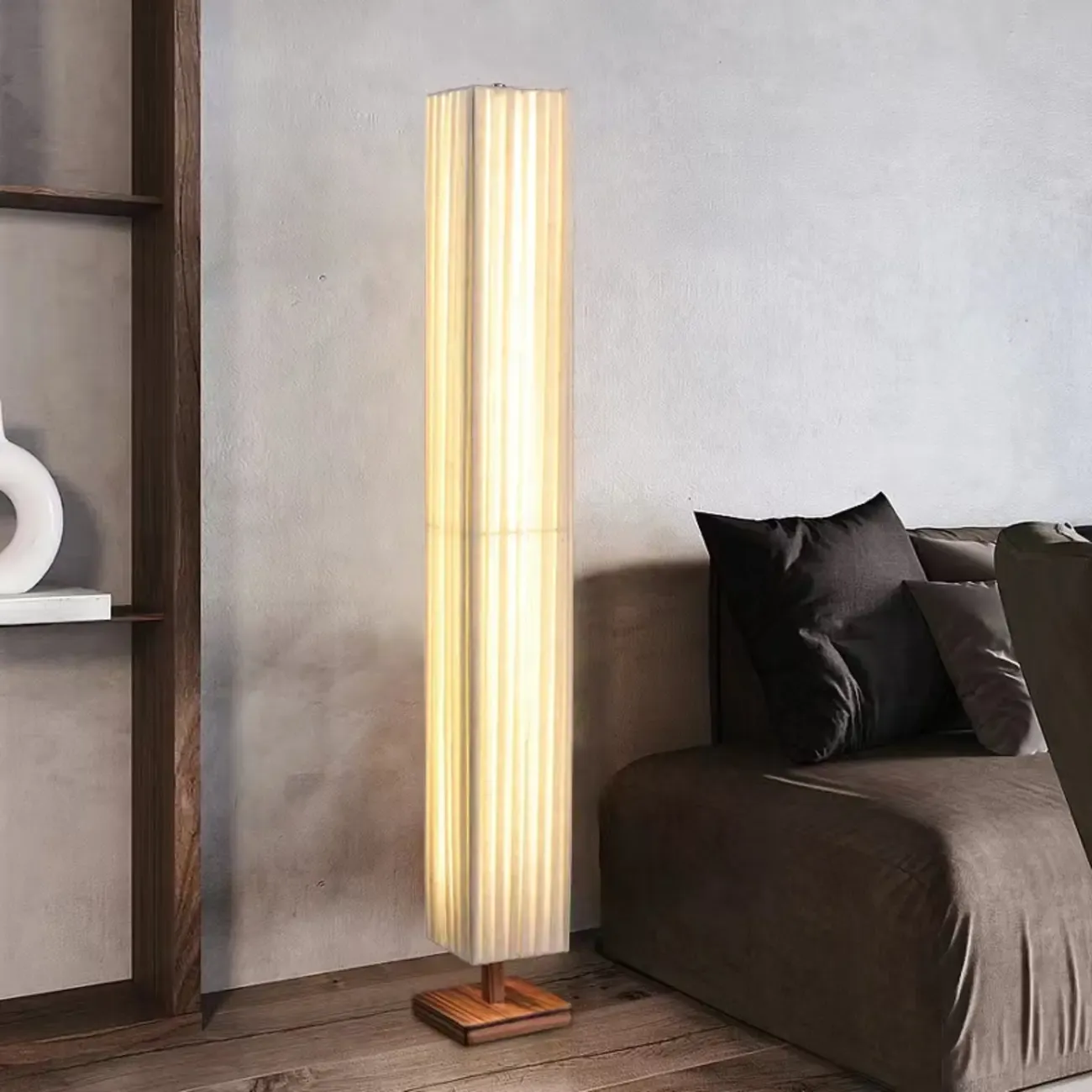 Minimalist Square Column LED Floor Lamp Pleated Fabric Shade Image - 2