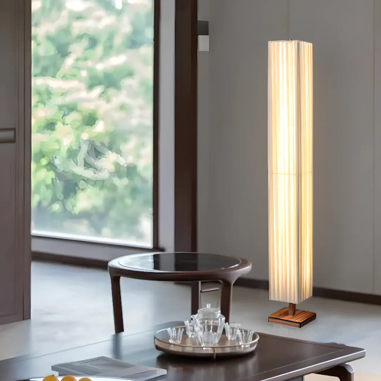 Minimalist Square Column LED Floor Lamp Pleated Fabric Shade Image - 3 | homeyfad