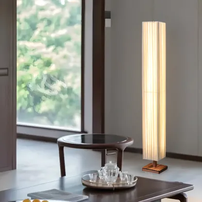 Minimalist Square Column LED Floor Lamp Pleated Fabric Shade Image - 3