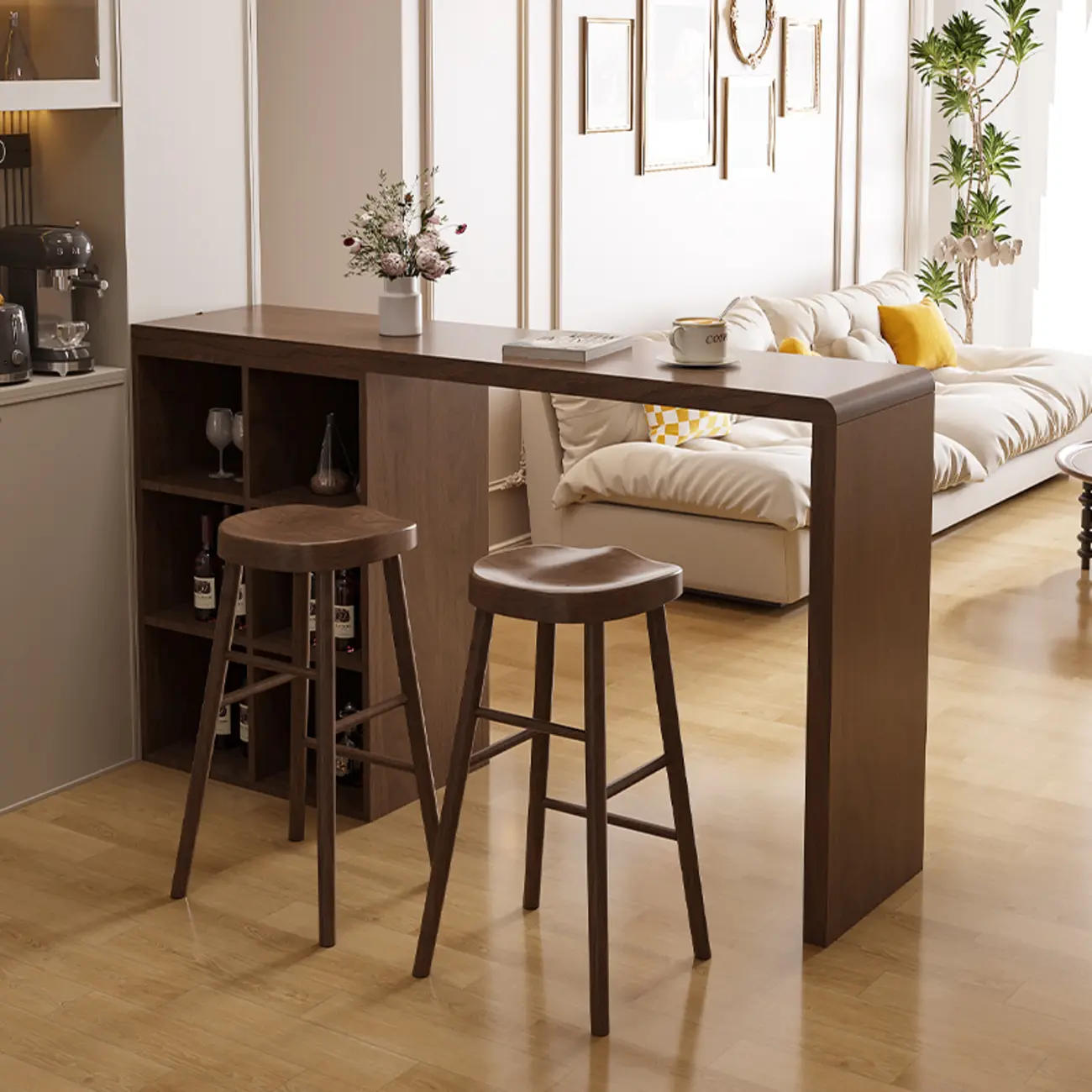 Rectangle Brown Wood Bar Table with Cabinet Storage for Dining Image - 4 | homeyfad