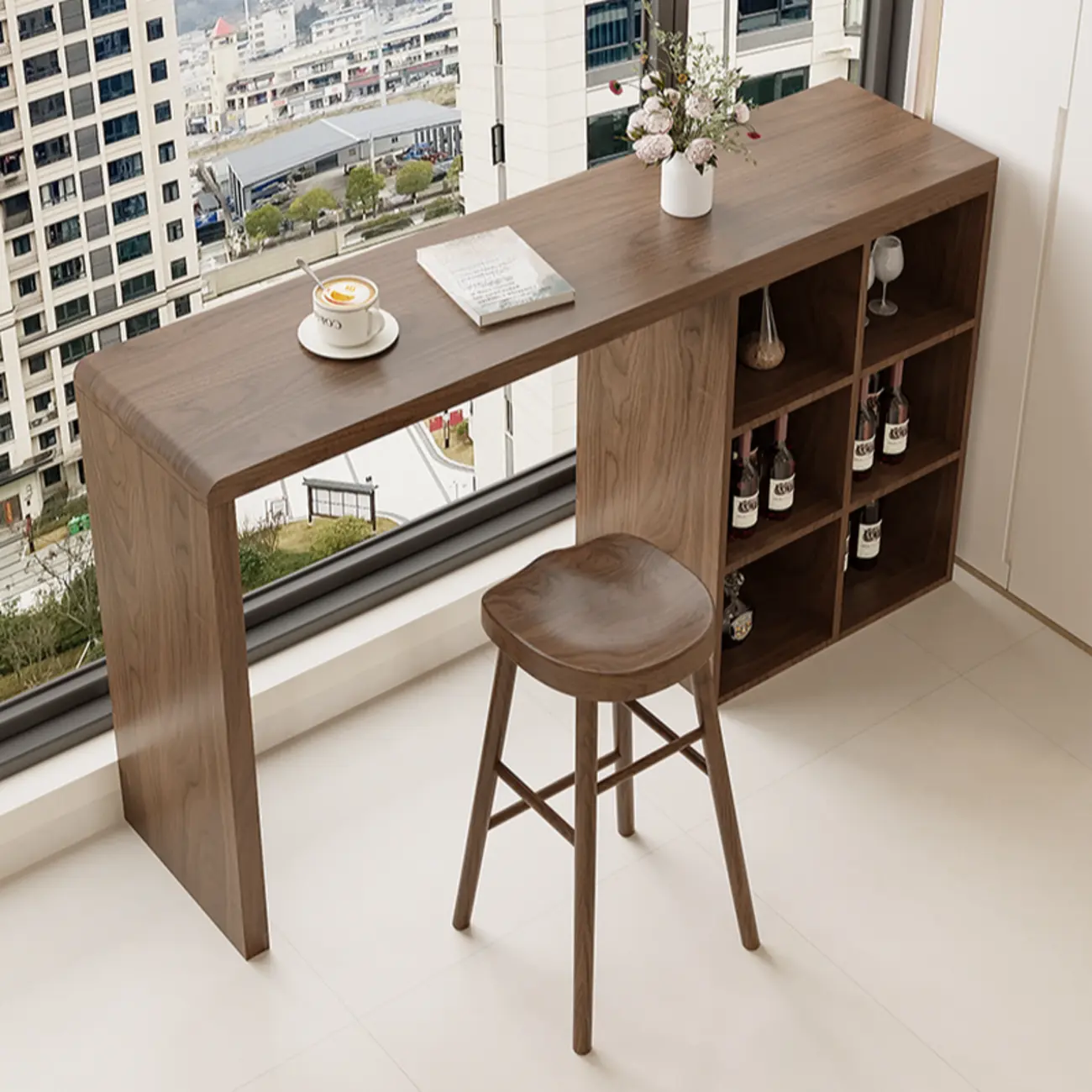 Rectangle Brown Wood Bar Table with Cabinet Storage for Dining Image - 5 | homeyfad