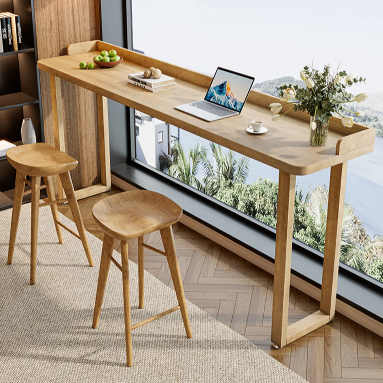 Natural Wood Rectangle Counter Height Bar Table with Rim Image - 1 | homeyfad