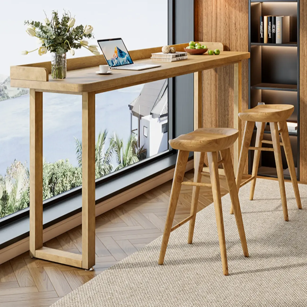 Natural Wood Rectangle Counter Height Bar Table with Rim Image - 4