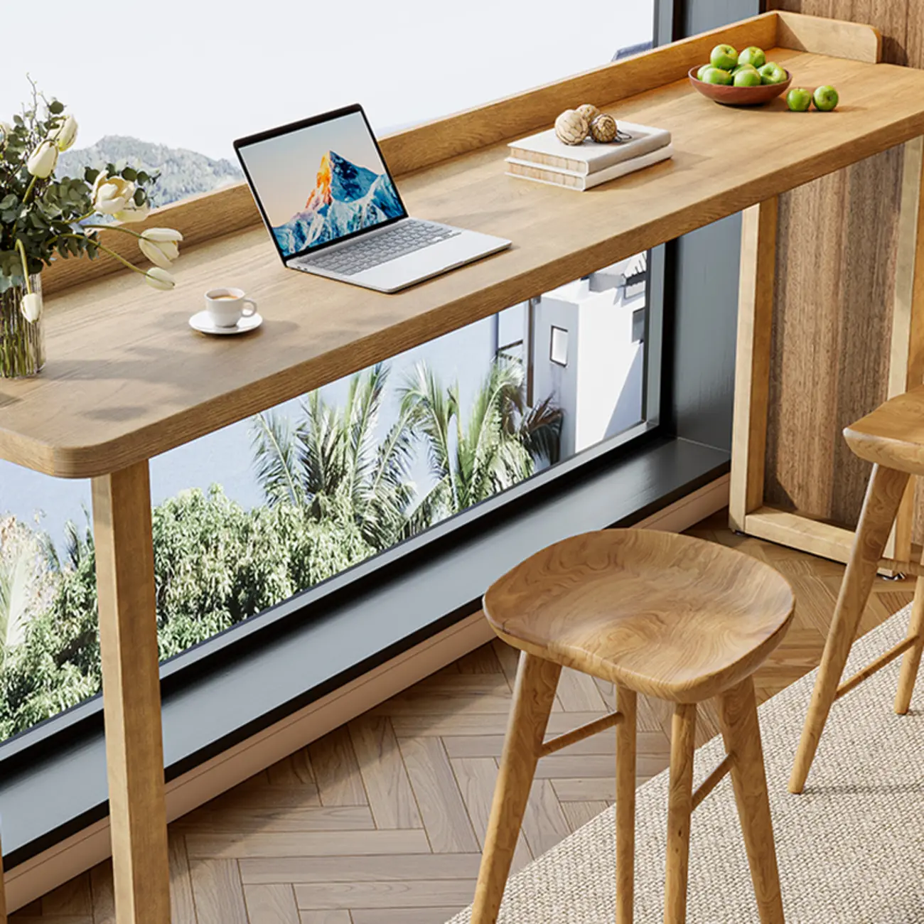 Natural Wood Rectangle Counter Height Bar Table with Rim Image - 5 | homeyfad