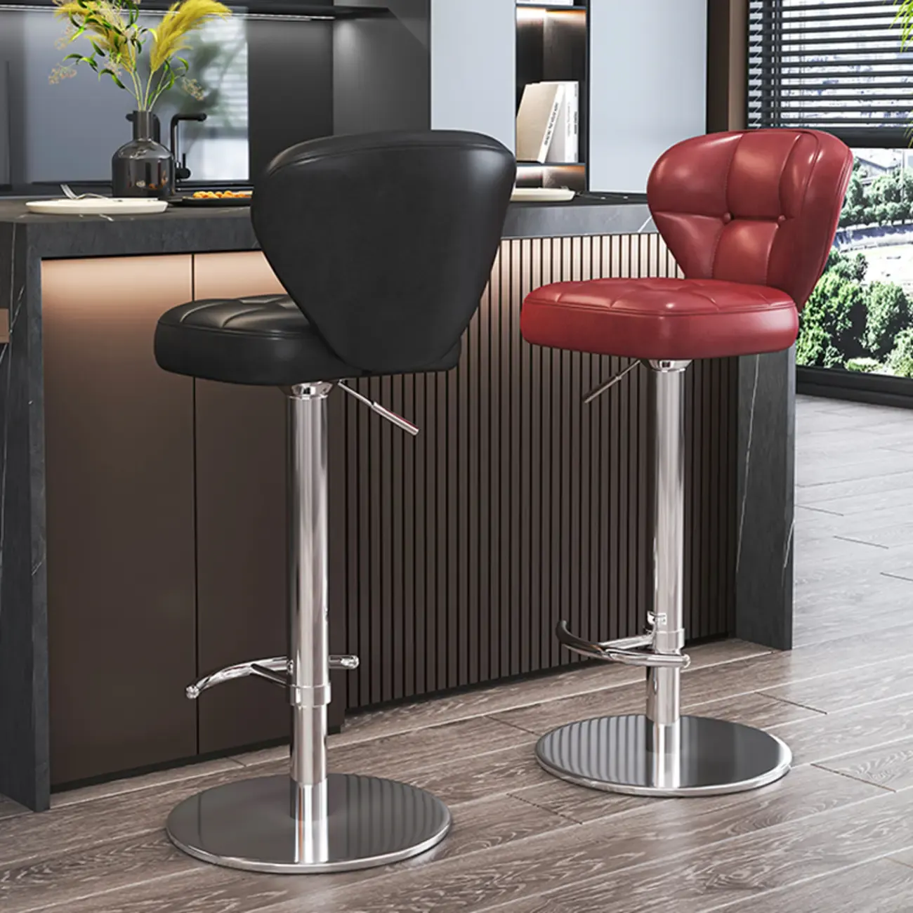 Adjustable Swivel Faux Leather Bar Stools for Kitchen Image - 4
